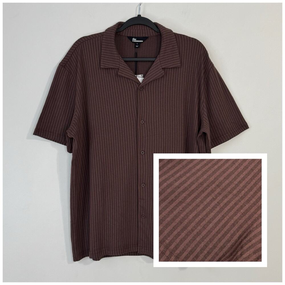 NWT The Commons Striped Knit Button Down Short Sleeve Shirt Size L Brown